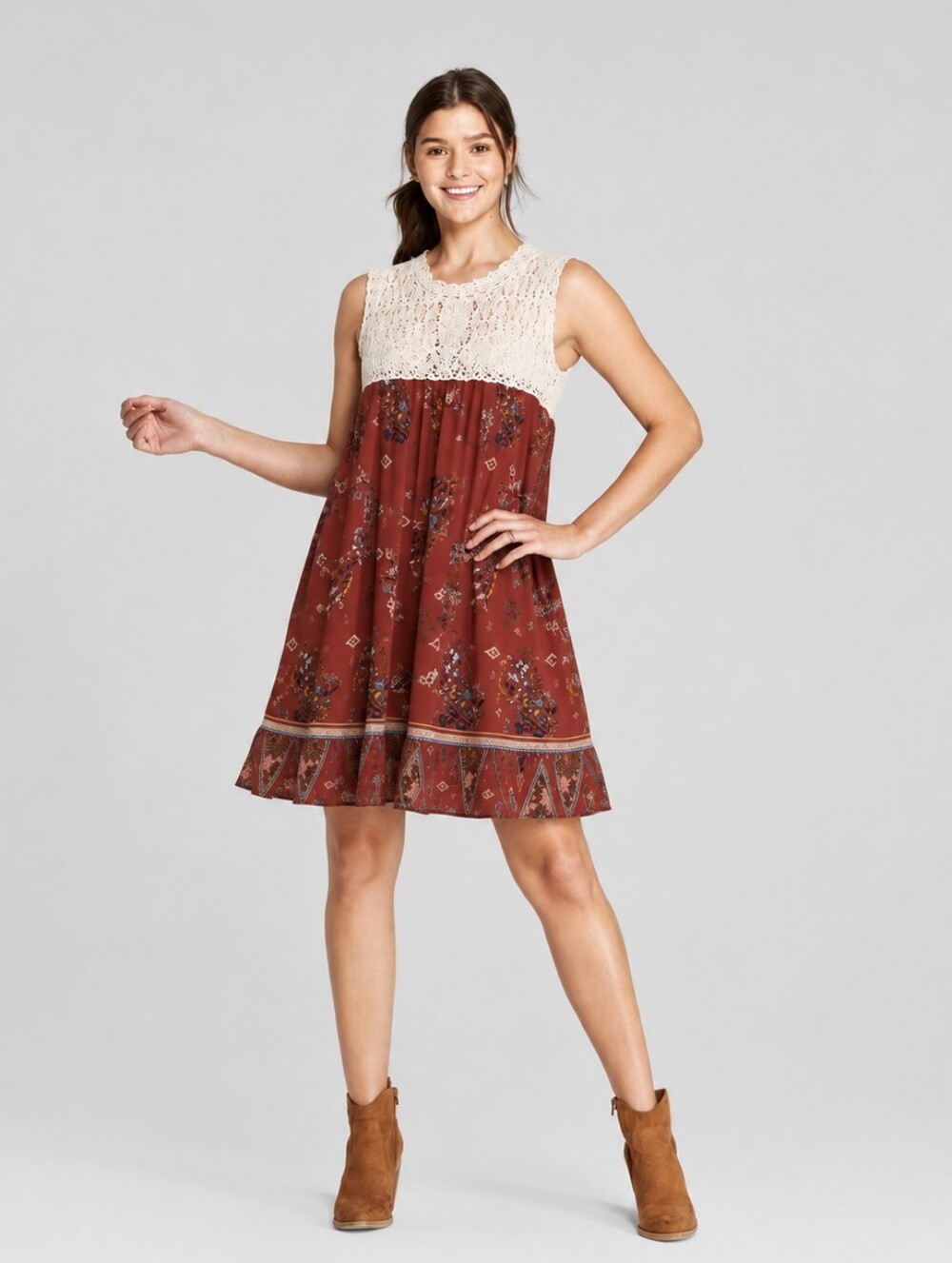 Xhilaration Rust Crochet Lace Floral Swing Dress XXL